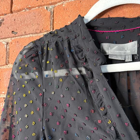Anthropologie Audrey Clip Dot Black Rainbow Flecked Shirtdress 8 No Slip Sheer - Picture 10 of 13